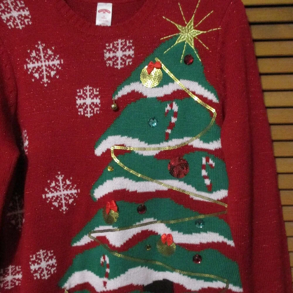 Holiday Time Christmas sweater red sparkle & green tree to decorate size 1x - Picture 4 of 9